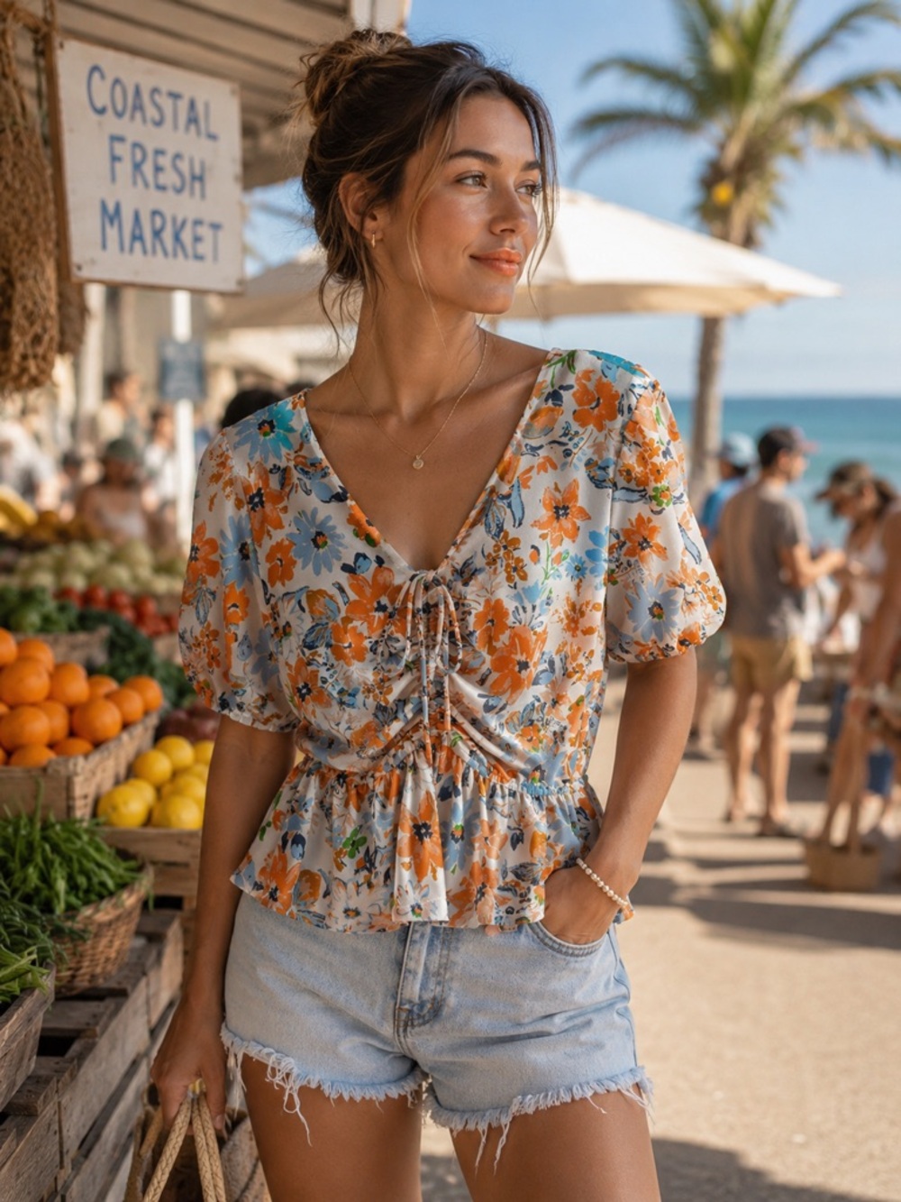 Eclair Floral Tie-Front Peplum Blouse in Orange & Blue